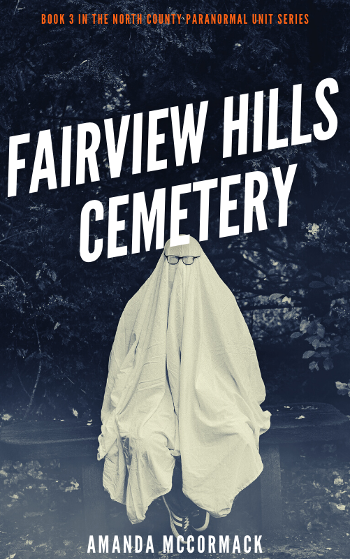 A washed out photo of a person in a ghost costume sitting on a bench in front of trees. The trees and ground are gray while the ghost is tinted yellow. Above the ghost is text reading Fairview Hills Cemetery