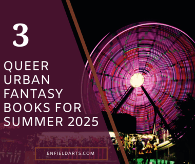 Image shows a neon pink and purple ferris wheel in a swirling long exposure against a black sky. There is a carnival at the bottom of the image, but the focus is the ferris wheel. At the left side of the image is a partially transparent magenta triangle, cut off across the top to create 4 sides instead. White text within reads 3 queer urban fantasy books for summer 2025